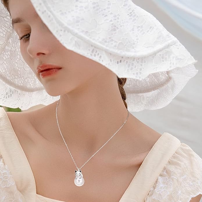 Dreamboat Cat Pearl Necklace for Women - 925 Sterling Silver Kitten Pendant - Cute Animals Jewelry