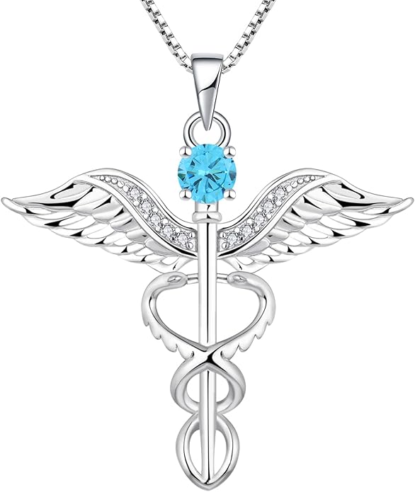 YL Caduceus Necklace Sterling Silver Doctor Nurse Themed Pendant Birthstone Angel Wings Snake Jewelry for Women