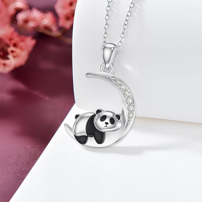 Diamond Black Cat/Red Panda/Sloth/Deer/Unicorn Necklace for Women 925 Sterling Silver Sleeping Animal and Moon Pendant with Lab Grown Diamonds Jewelry Gifts