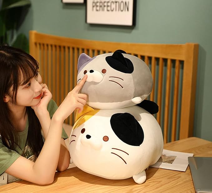 Cute Soft Tabby Cat Plush Toys - Kitten Stuffed Animals, White, 14-Inch, Hugging Cuddly Cat Doll Pillow Gift for Kids and Lovers