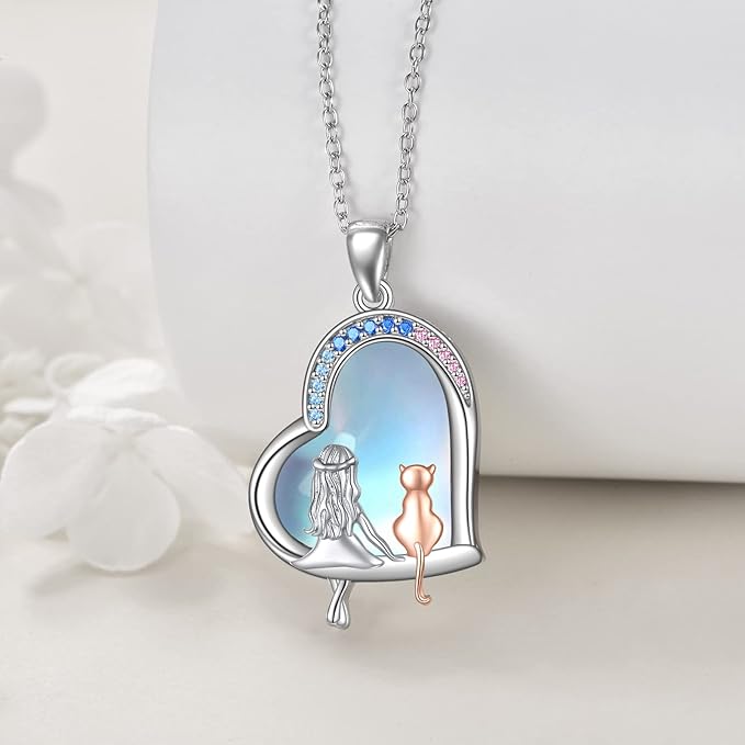 LUHE Cat Gifts Necklace for Cat lovers Women Sterling Silver Moonstone Cats Heart Pendant Necklace Jewelry Christmas Gifts
