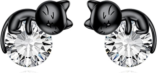 Sterling Silver Birthstone Black Cat Stud Earrings - Cat Birthstone Earrings for Women's Birthday Gift