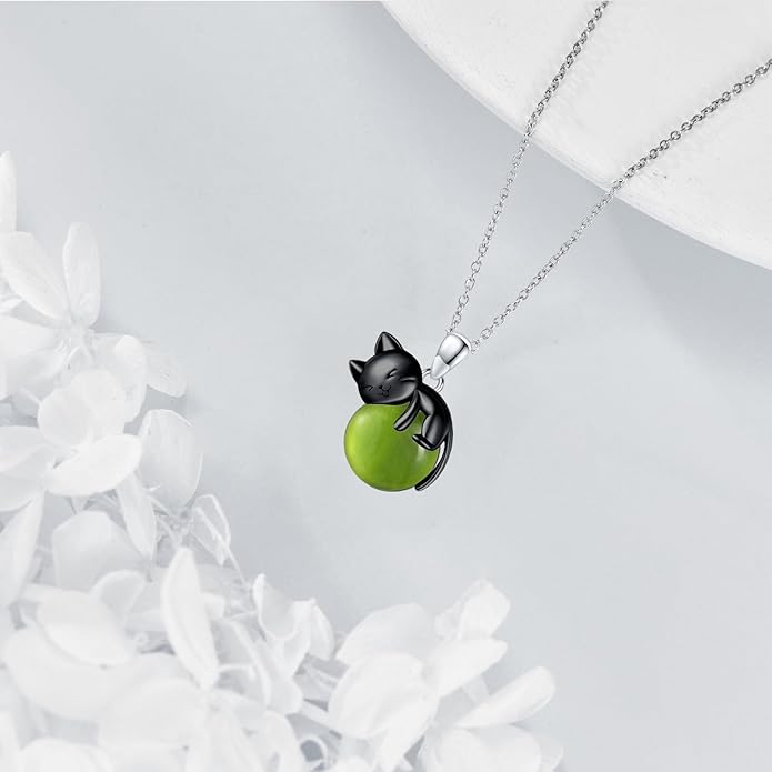 Cat Necklace Sterling Silver Cat Pendnat with Rose Quartz Pearl Jewelry Gifts for Women Cat Lovers