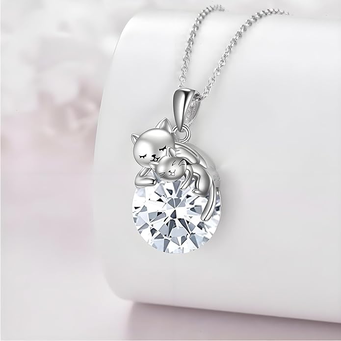 Cat Necklace Sterling Silver Cat Pendnat with Rose Quartz Pearl Jewelry Gifts for Women Cat Lovers