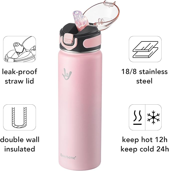 Enerbone 24 oz Insulated Water Bottle, Stainless Steel Bottle with Carrying Strap, Double-Wall Vacuum Insulation Design, Leakproof Sports Bottle with Straw, Keep Drinks Cold or Hot for Hours
