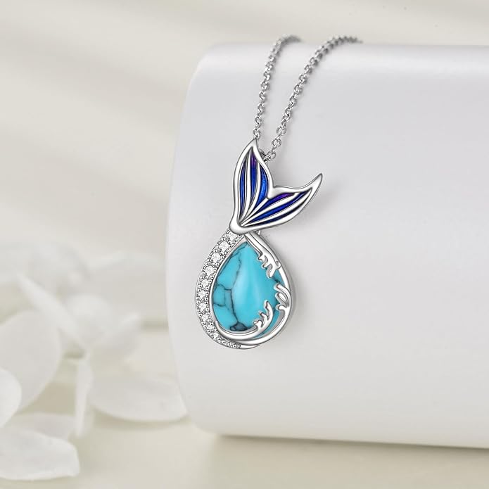 Teardrop Moss Agate/Turquoise/Moonstone/Larimar Mermaid/Fox/Cat Necklace Sterling Silver Pendant Necklace Jewelry Gifts for Women