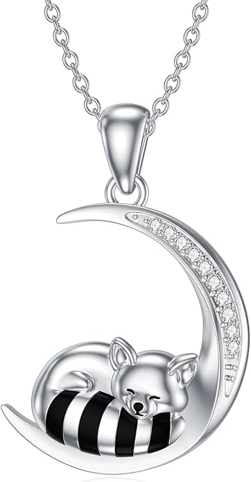 Diamond Black Cat/Red Panda/Sloth/Deer/Unicorn Necklace for Women 925 Sterling Silver Sleeping Animal and Moon Pendant with Lab Grown Diamonds Jewelry Gifts