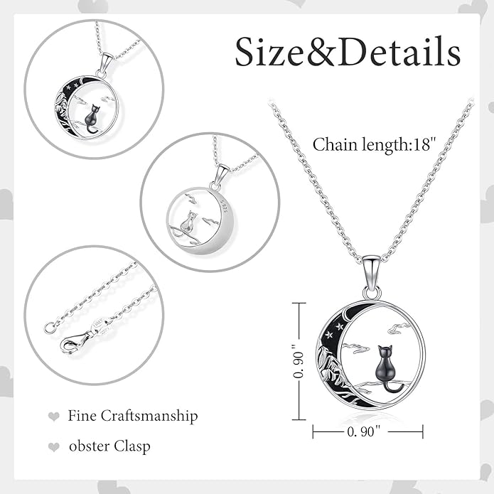 Odinstone Cat Necklace, S925 Sterling Silver Cat on Moon Pendant with Cubic Zirconia, Cat Jewelry Mothers Day Gifts for Mum with Gift Package - I Love You Forever