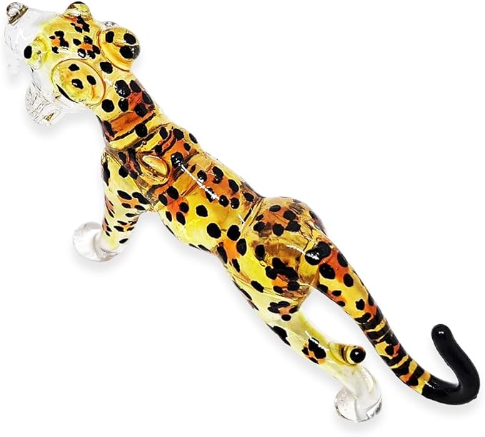 ChangThai Design Tiny 2½" Yellow Black Spotted Roaring Leopard Cheetah Jaguar Figurine - Miniature Hand Blown Glass Wild Cats Wildlife Felidae Animal Crystal Decorative Collectible Figures Décor Gifts