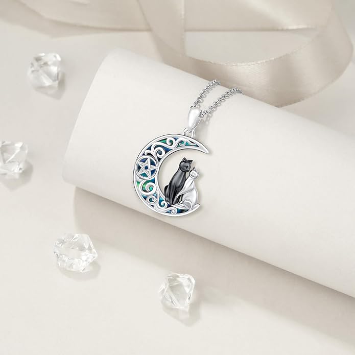 Odinstone Cat Necklace, S925 Sterling Silver Cat on Moon Pendant with Cubic Zirconia, Cat Jewelry Mothers Day Gifts for Mum with Gift Package - I Love You Forever