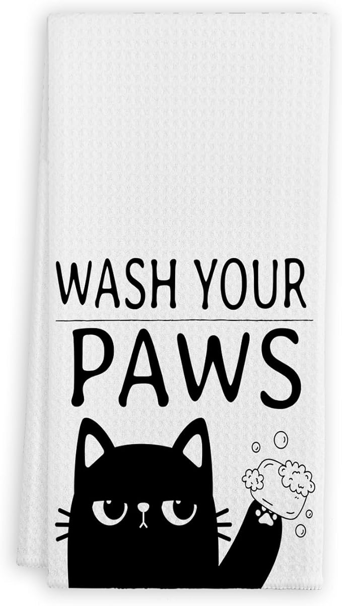 QIYUHOY Black Cat Kitchen Towels and Dishcloths,Wash Your Paws,Cat Theme Dish Towels Gifts for Cat Lovers,Hand Towels for Kitchen,24x16 Inch (White)