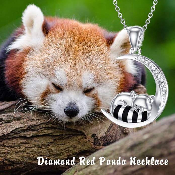 Diamond Black Cat/Red Panda/Sloth/Deer/Unicorn Necklace for Women 925 Sterling Silver Sleeping Animal and Moon Pendant with Lab Grown Diamonds Jewelry Gifts