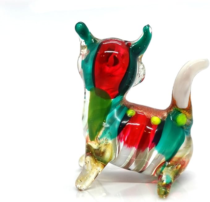 Cat Tiny Figurines Blown Glass Art Animals Hand Painted Collectible Gift Decorate (Red Green)