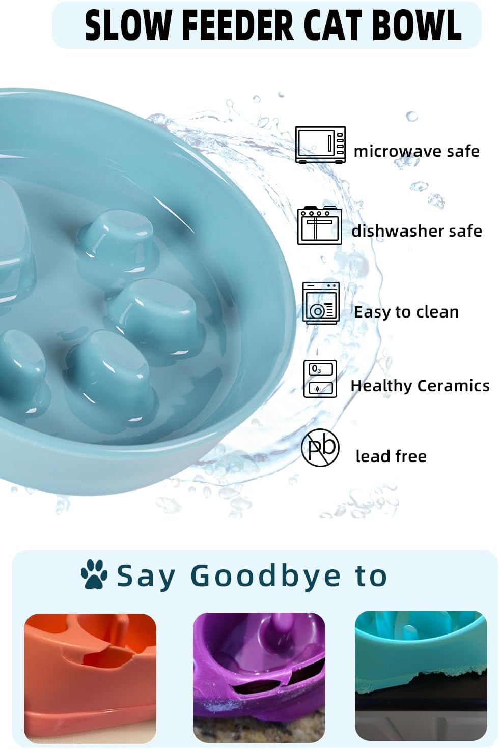 Slow Feeder Cat Bowls, Ceramic Fun Slow Eater Bowl for Cats (Turquoise)