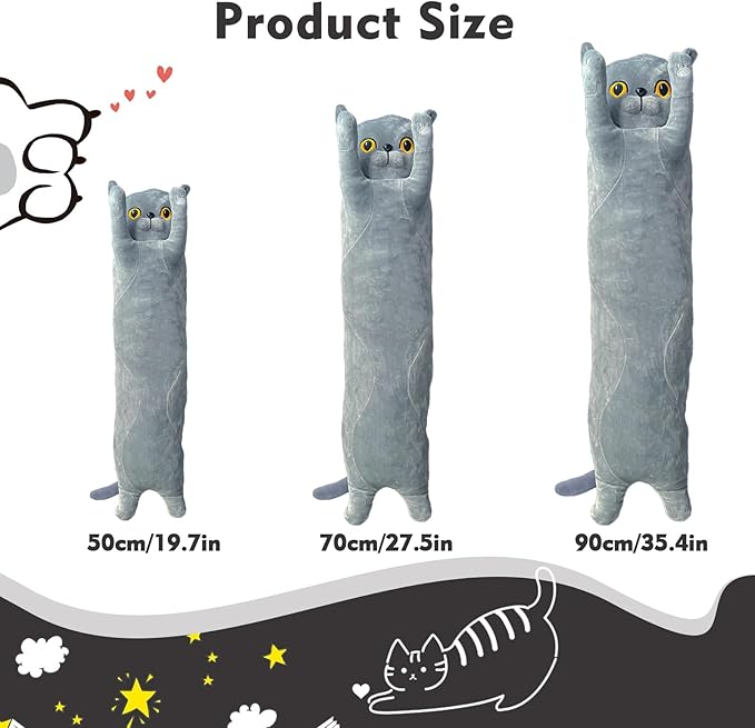 Long Cat Plush Pillow, 43.3in Cute Gray Cat Plushie Stuffed Animals Body Pillow, Kawaii Kitten Soft Plushie Doll Toy Birthday Gift for Kids Girlfriend