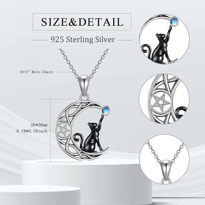 Black Cat/Dragon/Fox/Wolf Necklace 925 Sterling Silver Celtic Moon Pentagram Pendant Gothic Jewelry Goth Halloween Gifts for Women
