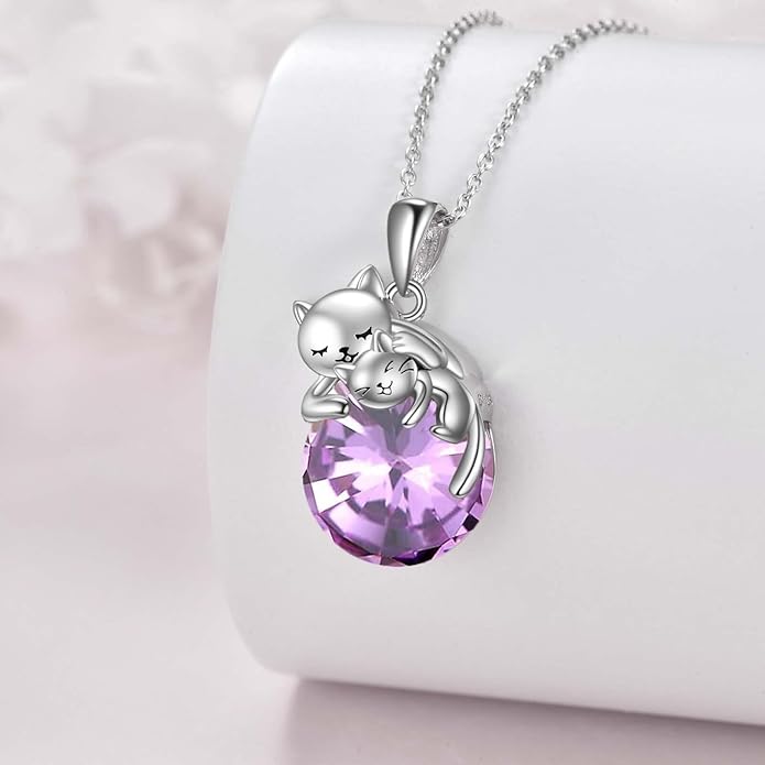 Cat Necklace Sterling Silver Cat Pendnat with Rose Quartz Pearl Jewelry Gifts for Women Cat Lovers