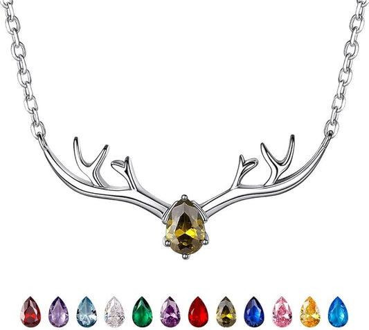 SILVERCUTE Sterling Silver Birthstone Necklaces for Women, Xmas Antler Deer Pendant Necklace with Colorful Cubic Zirconia,16-18 inches