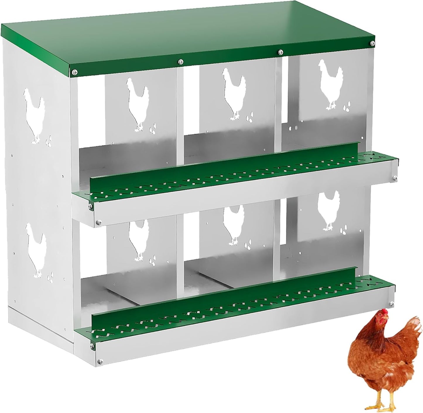 6 Hole Chicken Nesting Box with Roll Out Egg Tray, Rustproof & Ventilated Chicken Laying Boxes for Hens, Chickens, Ducks | Easy-Clean Poultry Coop Accessories