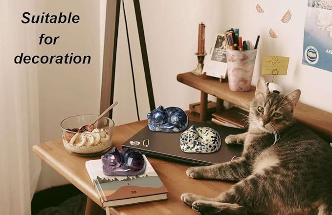 LAIDANLA Dalmation Spot Jasper Cat Healing Crystals Figurine Sleeping Cat Hand Carved Cute Statue Polished Stone Sculpture Reiki Office Room Bedroom Desk Home Decoration Gifts 1.6"