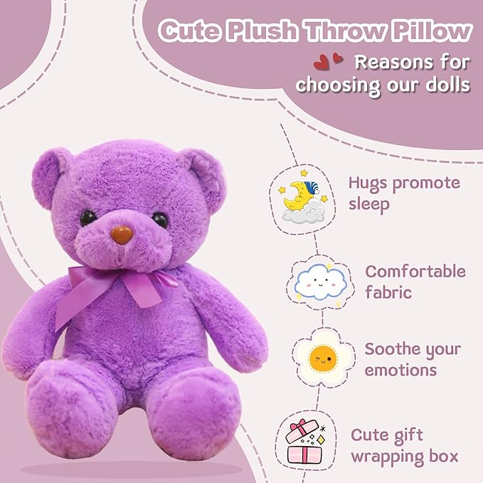 Purple Teddy Bear Stuffed Animals 13" Soft Cuddly Stuffed Teddy Bear Plush Toys Cute Birthday Mother's Day Valentine’s Day Wedding Graduation Party Gifts for Kids