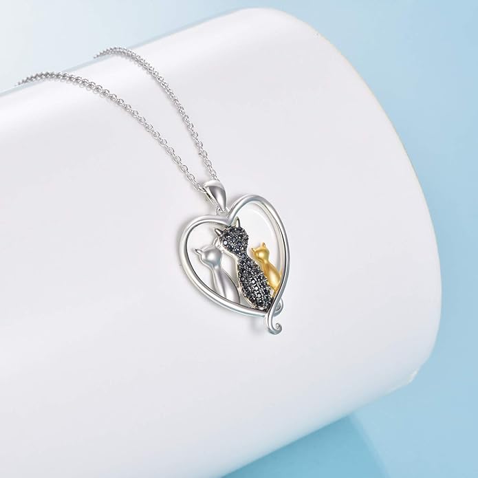 MONGAS Cat Necklace Sterling Silver Sister Pendant Necklace Black Cats Jewelry Gifts Cat Lover Woman Sisters