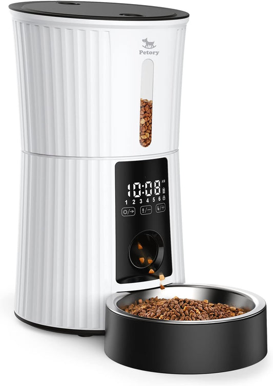 Petory Automatic Cat Feeders - 4L Timed Cat Feeders for Dry Food Built-in Battery up to 6 Meals with Desiccant Bag Support Dual Power 10S Recorder