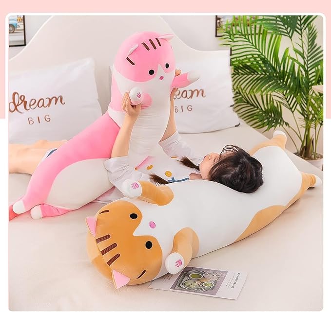 Long Cat Plush Pillow Soft Cat Body Pillow, Long Cat Stuffed Animal Cotton Kitten Sleeping Throw Pillow Gift for Kids Girlfriend(110CM,Pink)