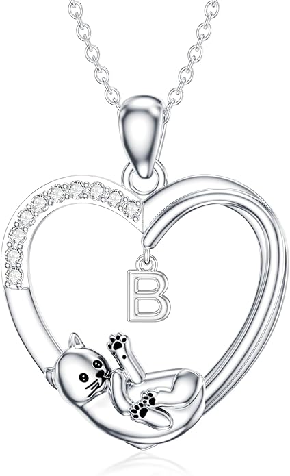 LONAGO Cat Heart Necklace with Initial Silver Cat Initial Necklace 26 Alphabets Cat Jewelry Gift for Women