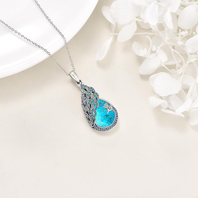 Sterling Silver Blue Opal Turquoise Peacock Pendant Necklace - Peacock Jewelry Gifts for Women