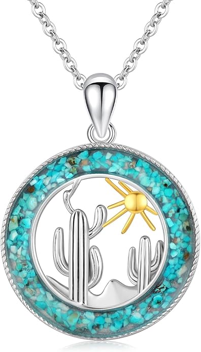 Midir&Etain Western Necklace 925 Sterling Silver Turquoise Pendant Cow Skull/Hat/Tag/Cactus Cowgirl Country Jewelry for Women Men