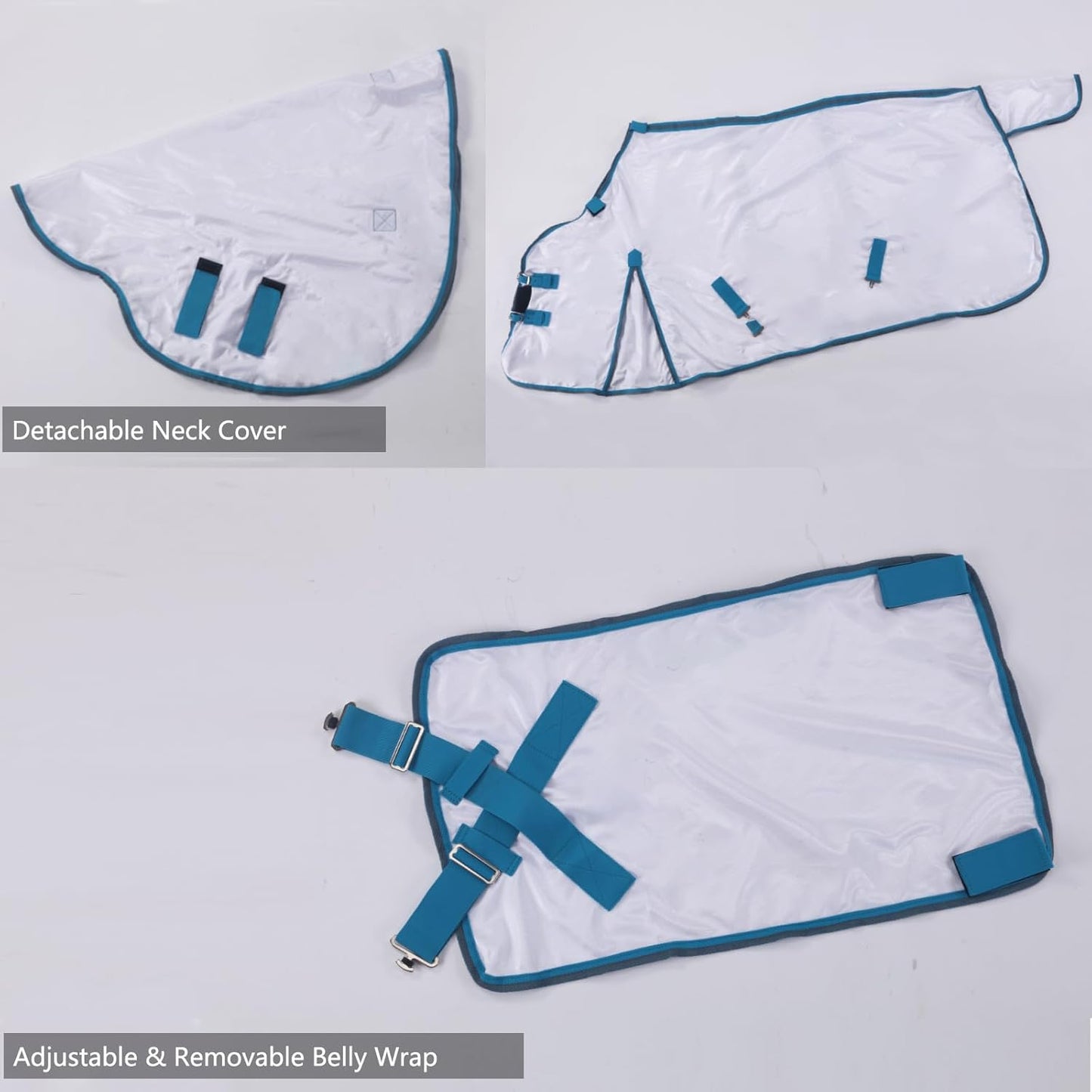 Horse Fly Sheet with Detachable Neck Cover & Belly Wrap, Adjustable Fly Sheet for Horses, Ventilated Airflow Mesh Equine Cooling Summer Flysheet White 81