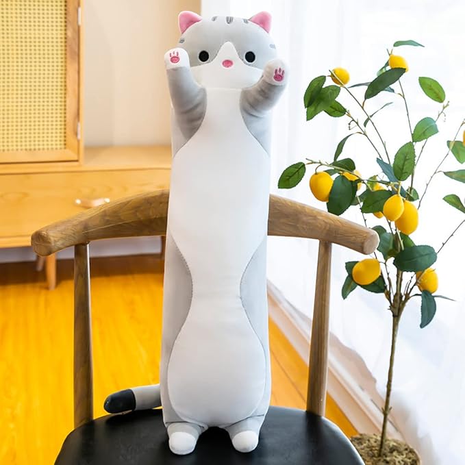 Long Gray Cat Plush Pillow Toy Sleeping Pillow Cute Cartoon Cat Stuffed Animals Soft Long Body Pillow Gift for Kids(19.68in)