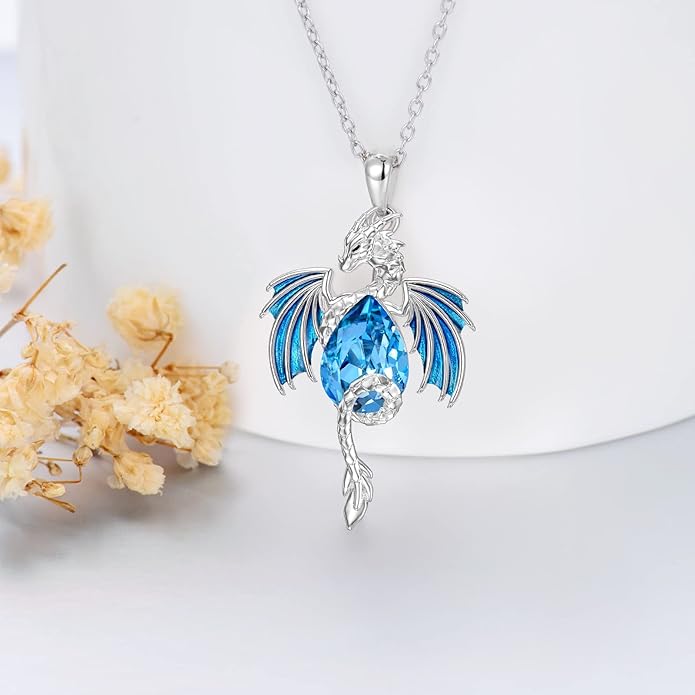 Dragon Necklace for Men Sterling Silver Birthstone Wyvern Necklace Embllished with Teardrop Shaped Crystal Jewelry for Women