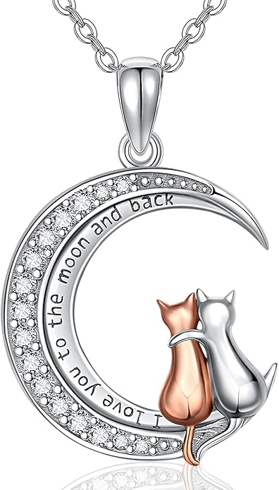 Odinstone Cat Necklace, S925 Sterling Silver Cat on Moon Pendant with Cubic Zirconia, Cat Jewelry Mothers Day Gifts for Mum with Gift Package - I Love You Forever