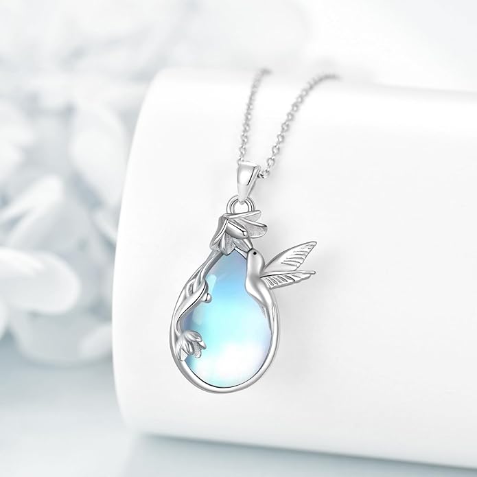 CRMAD Daisy/Black Cat/Dragonfly/Daffodil/Hummingbird/Stingray/Phoenix Feather/Rose Necklace Sterling Silver Moonstone Teardrop Pendant Necklace Flower Animal Jewelry Gifts for Women