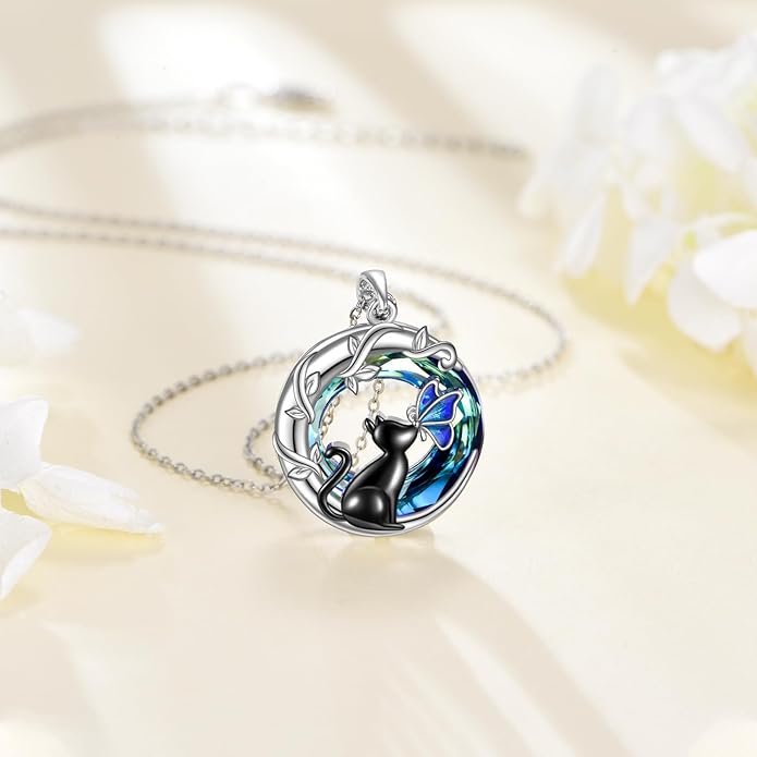 TIGER RIDER Moon Cat Necklace 925 Sterling Silver Blue Butterfly Black Jewelry Gifts Birthday Christmas Gifts for Women Wife Cat Lovers