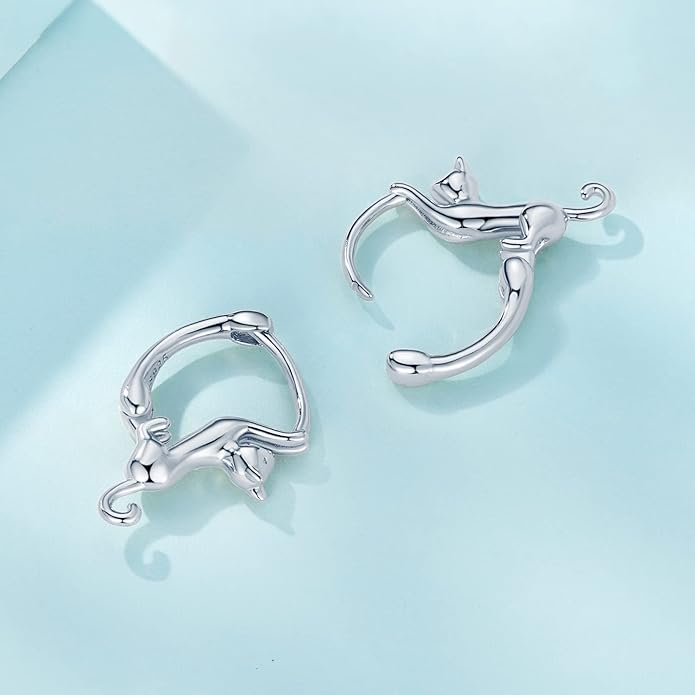 MUNDELL 925 Sterling Silver Cute Cat Huggie Hoop Earrings for Cat Lovers Snake Ear Buckles Hypoallergenic Tiny Hoop Earrings Statement Fine Jewelry