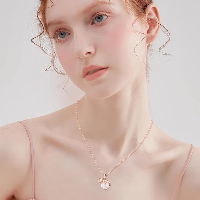 Cat Necklace Sterling Silver Cat Pendnat with Rose Quartz Pearl Jewelry Gifts for Women Cat Lovers