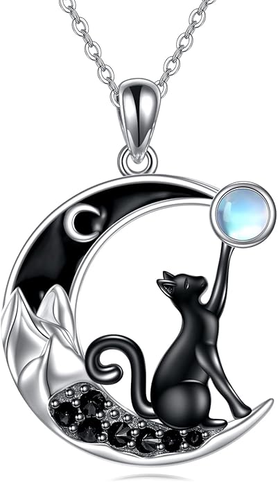 CRMAD Black Cat Necklace for Women Sterling Silver Moonstone Cat Jewelry Irish Gifts