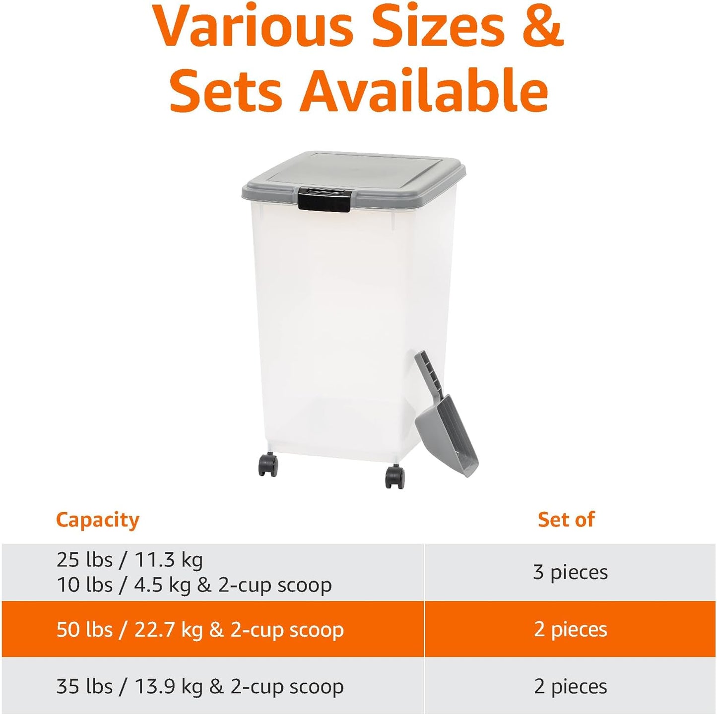 Amazon Basics Airtight Dog Food Storage Container with Scoop and Wheels, 69 QT, Gray