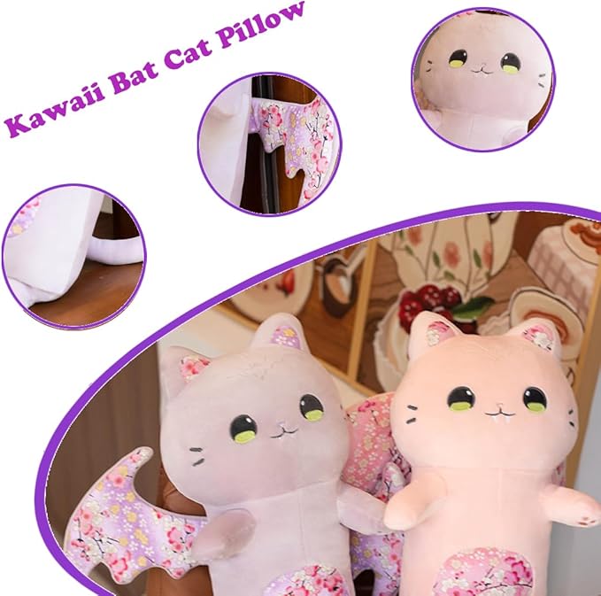 ELAINREN Long Bat Cat Plush Body Pillow Crazy Stuffed Pink Cat with Wings Halloween Large Bat Cat Plushie Toy Gifts/23.6''