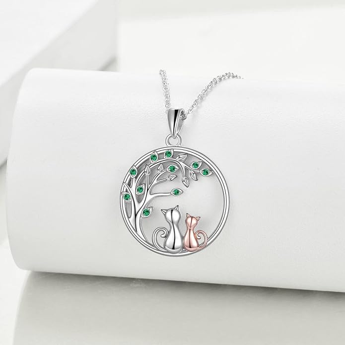 Celtic Moon Black Cat Necklace for Women - Abalone Tree of Life Sterling Silver Cat Lovers Jewelry