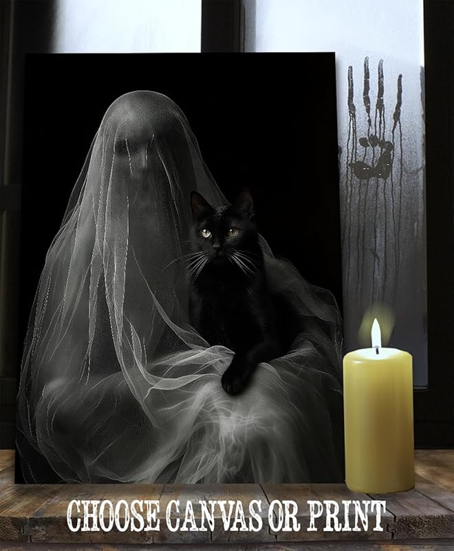 Ghost with a Black Cat Halloween Poster - Dark Academia Gothic Home Decor, Eerie Mystery Figure Art Print for Halloween Enthusiasts and Unique Wall Art Collectors (Unframed Print Poster, 28" x 36")