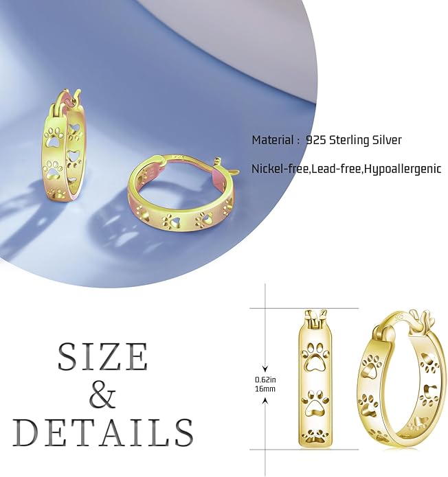 Paw Earrings 925 Sterling Silver Paw Hoop Earrings Cat Dog Jewelry Gifts for Women