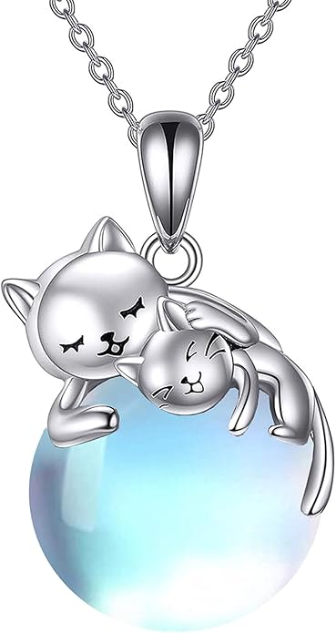 Cat Necklace Sterling Silver Cat Pendnat with Rose Quartz Pearl Jewelry Gifts for Women Cat Lovers