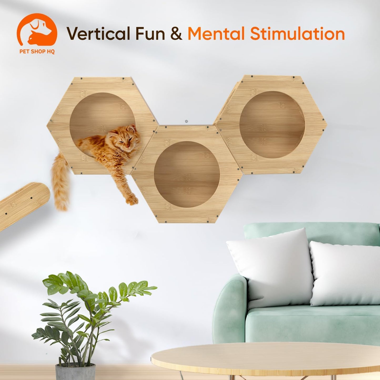 Cat Wall Furniture - Climbing Shelves, Ladders, Hammock & More - Bamboo Material - Light Brown - Cat House, Shelves, Perches, Hammock, Bed, Bridges, Walkways