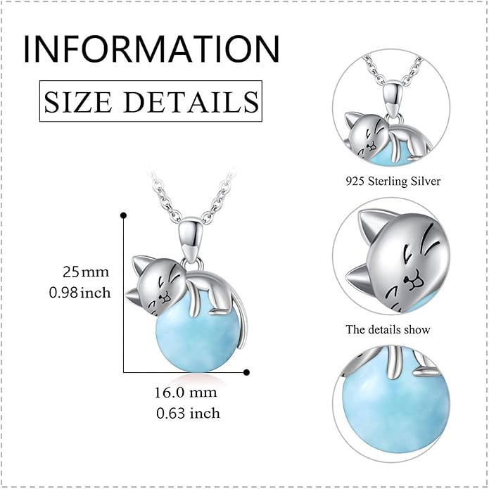 Natural Gemstone Cat Necklace for Women 925 Sterling Silver Cute Kitten Pendant with Genuine Turquoise/Rose Quartz/Amethyst/Larimar/Labradorite/Moss Agate/Blue Sandstone Jewelry Gifts