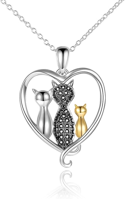MONGAS Cat Necklace Sterling Silver Sister Pendant Necklace Black Cats Jewelry Gifts Cat Lover Woman Sisters