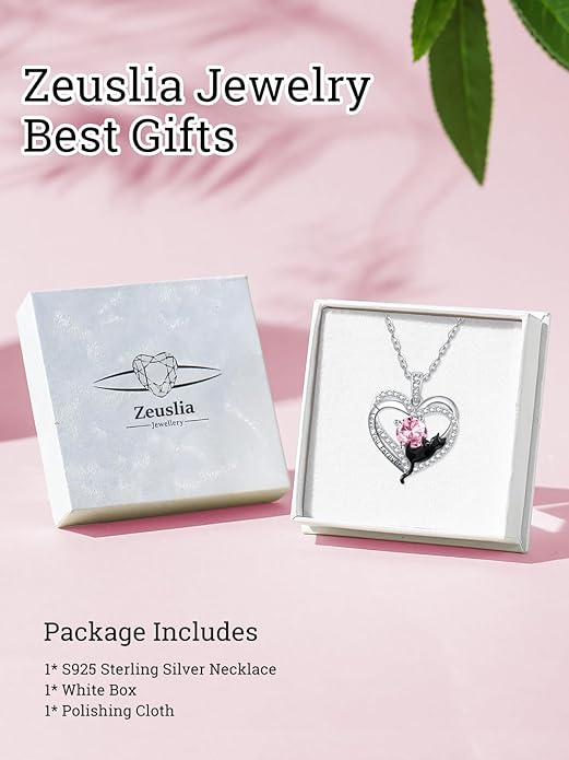 Birthstone Cat Necklaces,925 Sterling Silver Cat Necklace Heart Pendant for Women,Dainty Animal Jewelry for Her,Wedding Anniversary Birthday Gifts for Women Mom Grandma